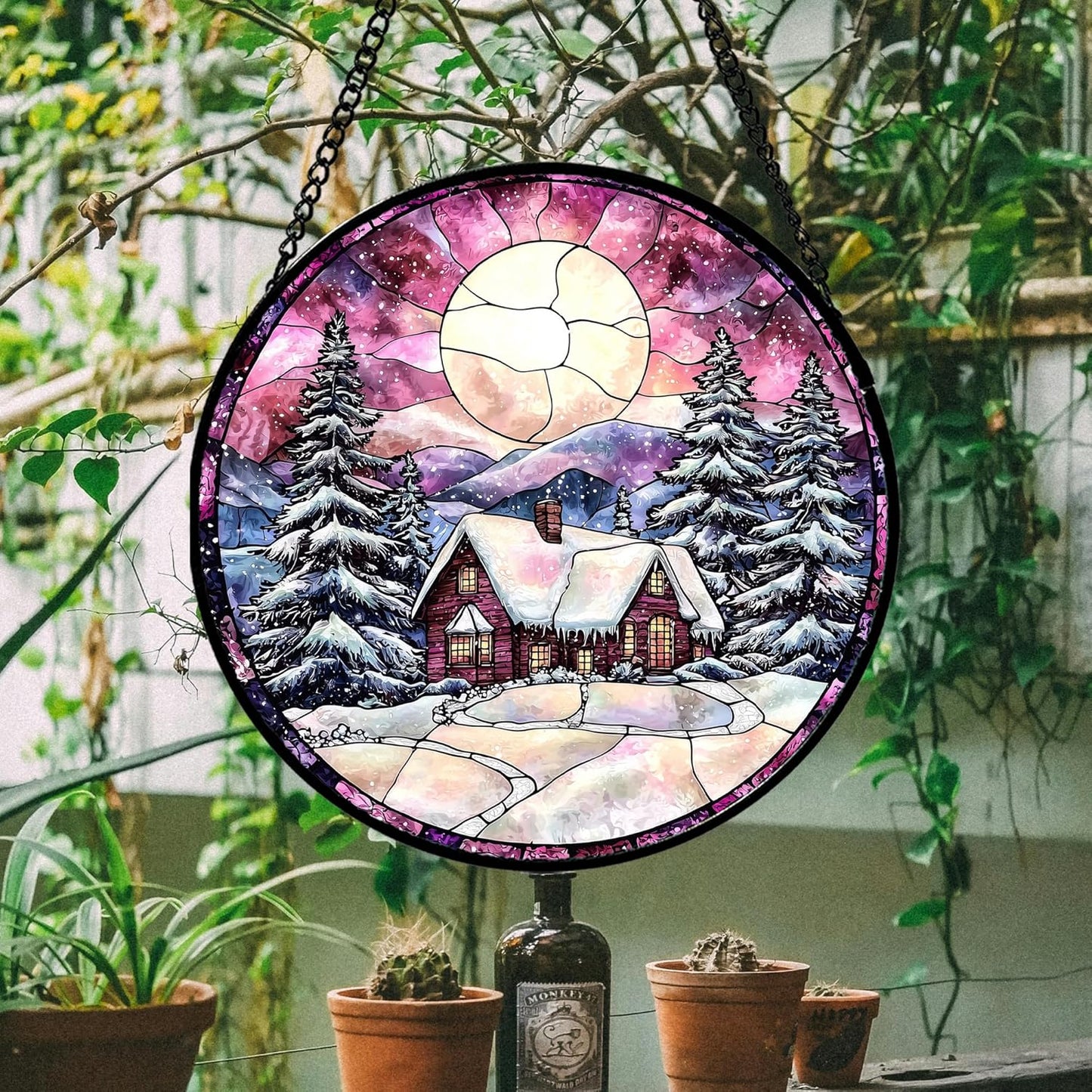 Stained Glass Window Hanging - Winter Snow Scene Cabin Moon Sun Catcher for Door Garden Home Decor Pine Tree Suncatcher Christmas Mother's Day Birthday Gifts for Women Men Mom Nana 7.8 in