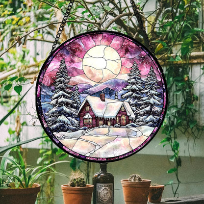 Stained Glass Window Hanging - Winter Snow Scene Cabin Moon Sun Catcher for Door Garden Home Decor Pine Tree Suncatcher Christmas Mother's Day Birthday Gifts for Women Men Mom Nana 11.8 in