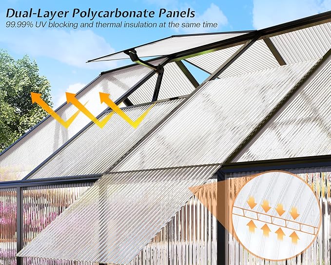 Jocisland 8x8x7 FT Polycarbonate Greenhouse for Outdoors with 2 Windows, Dual Swing Doors, Aluminum Walk-in Frame, Heavy Duty Garden Greenhouse for Backyard, Black