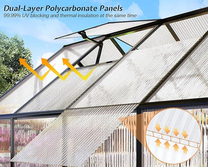 Jocisland 8x8x7 FT Polycarbonate Greenhouse for Outdoors with 2 Windows, Dual Swing Doors, Aluminum Walk-in Frame, Heavy Duty Garden Greenhouse for Backyard, Black