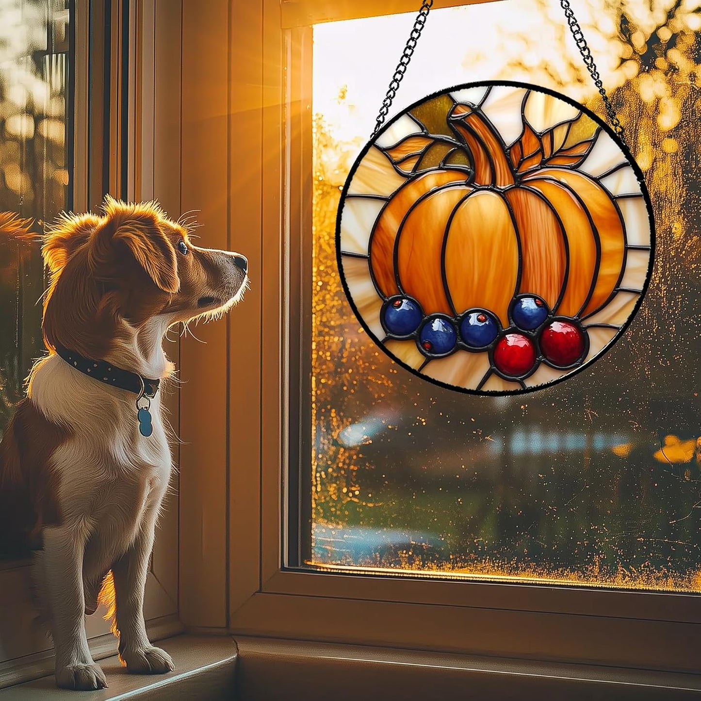 Stained Glass Window Hanging Fall Pumpkin Berries 9.8" - Suncatcher Door Garden Kitchen Sunroom Sun Catcher Autumn Home Decor Birthday for Mom Grandma Men Woman
