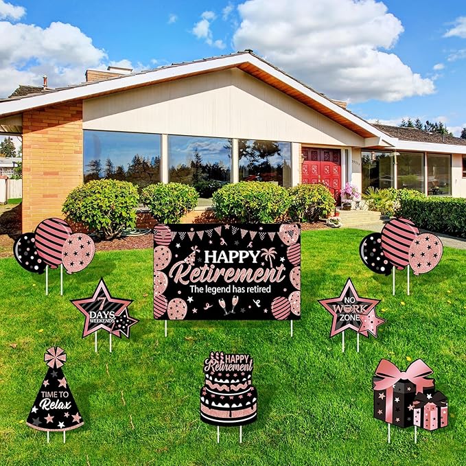 Yulejo 8 Pieces Retirement Yard Sign Decorations Happy Retirement Yard Signs Retirement lawn Sign with Stakes for Outdoor Retirement Party Supplies 16inch (Rose Gold and Black)