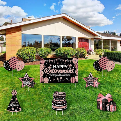 Yulejo 8 Pieces Retirement Yard Sign Decorations Happy Retirement Yard Signs Retirement lawn Sign with Stakes for Outdoor Retirement Party Supplies 16inch (Rose Gold and Black)