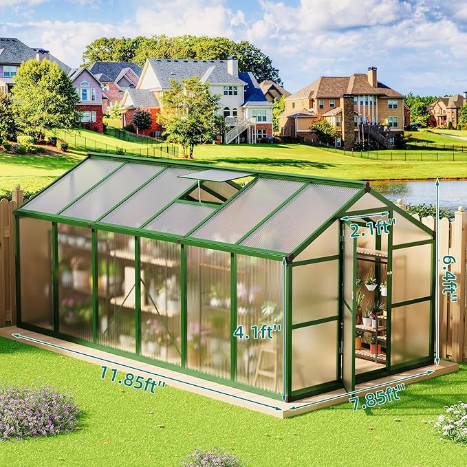 8x12 ft Greenhouse, Large Aluminum Greenhouses for Outdoors, Heavy Duty Polycarbonate Greenhouse with Roof Vent, Walk-in Green Houses for Winter Garden, Backyard, Patio, Lawn, Easy Assembly