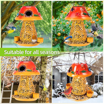 Mushroom Solar Bird Feeders for Outdoors Hanging Metal Wild Bird Feeder Garden Lantern with S Hook for Garden Decoration Orange