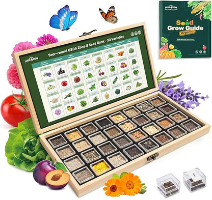 USDA Zone 8 Heirloom Seed Bank, 30,000+ Non-GMO 32 Varieties of Seeds for Planting Vegetables, Survival Seed Kit for Raised Garden Bed, Greenhouse, Gardening Gifts for Women Men