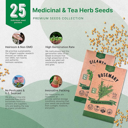 Organo Republic 25 Medicinal & Tea Herb Seeds Variety Pack for Indoor & Outdoors. 10900+ Non-GMO Heirloom Garden Seeds: Anise, Borage, Cilantro, Chamomile, Dandelion, Rosemary, Peppermint Seeds