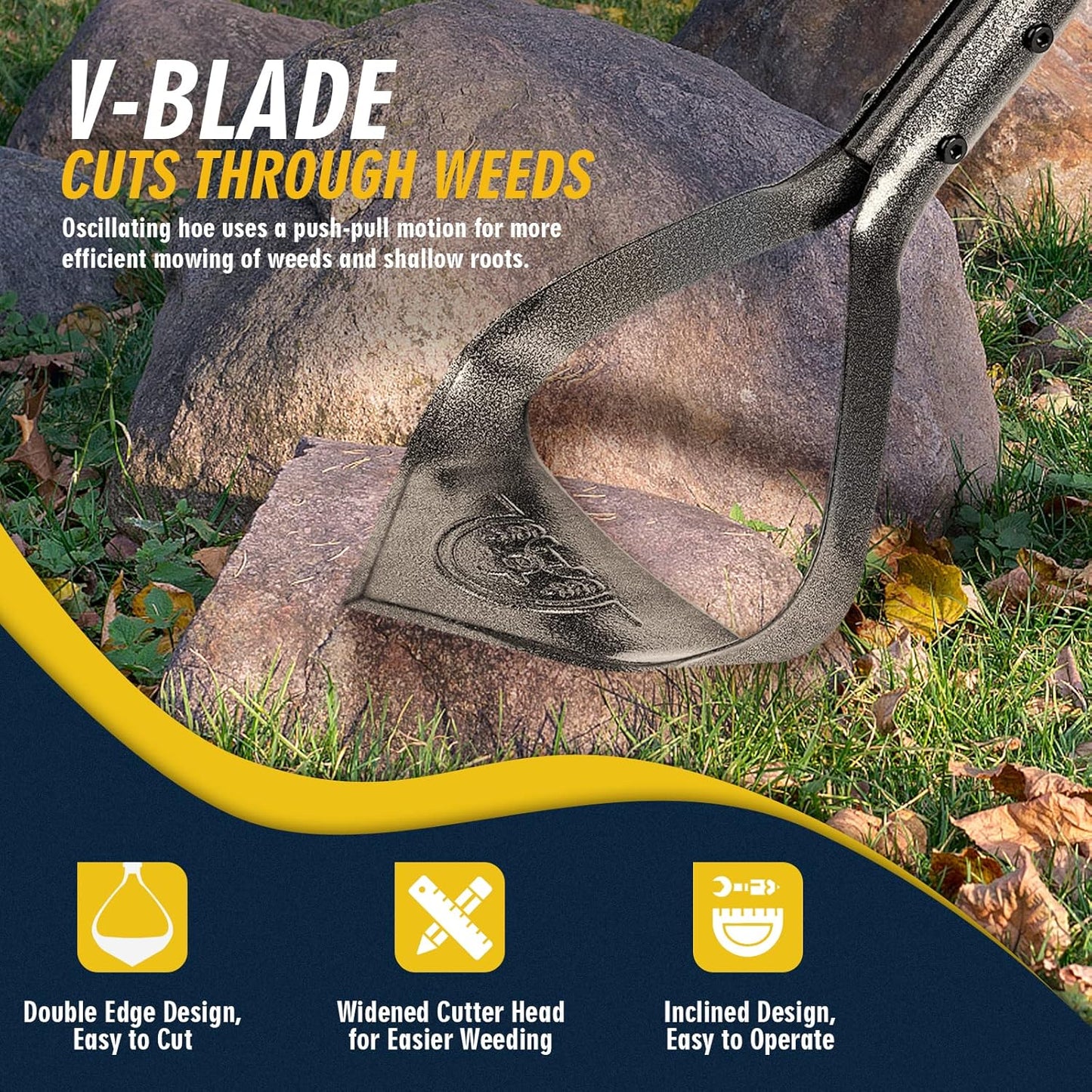 Hoe Garden Tool, Heavy Duty Triangle 52.7" Manual Weeder with Long Handle, Carbon Steel Weed Removing Action Hoe Cultivator for Weeding, Digging, Loosening Soil, Hoeing, Edging