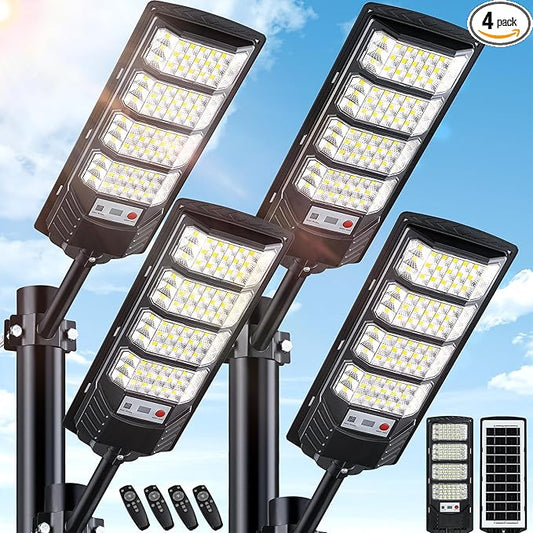 4 Pack Solar Street Lights Outdoor Waterproof, 20000LM 6500K LED Motion Sensor Lights, Dusk to Dawn Solar Flood Lights with Remote,Parking Lot Light,Commercial Area Lighting for Outside