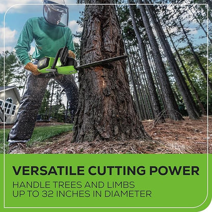 Greenworks 80V 18" Brushless Cordless Chainsaw (Great For Tree Felling, Limbing, Pruning, and Firewood), 75+ Compatible Tools, 4.0Ah Battery and Charger Included