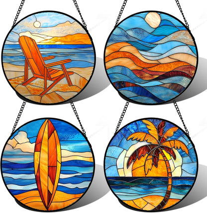Stained Glass Window Hanging 4 Pcs Set Blue Orange Ocean Beach Theme 9.8" - Suncatcher Door Garden Sun Catcher Decor Birthday Christmas for Mom Woman Nana Men Wife