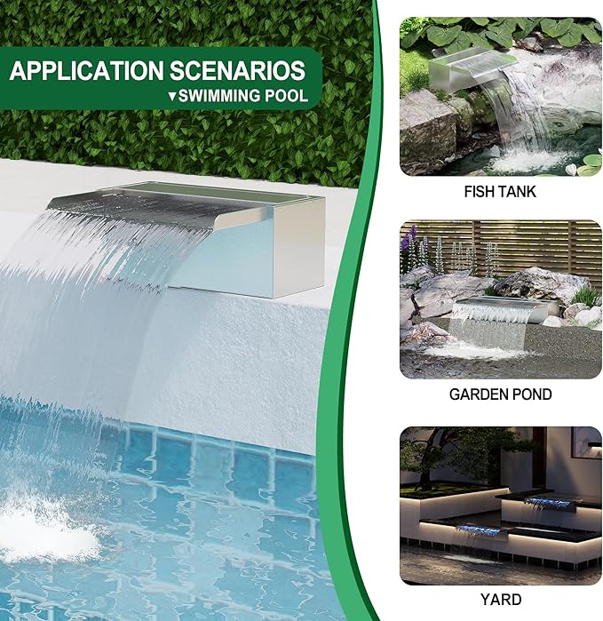 Pond Waterfall Spillway LONGRUNNEW 304 Stainless Steel 11.8" Rectangular Waterfall Spillway, Water Fall Fountain with Pipe Connector for Garden Outdoor, Swimming Pools, Fountains, Pond and Spa