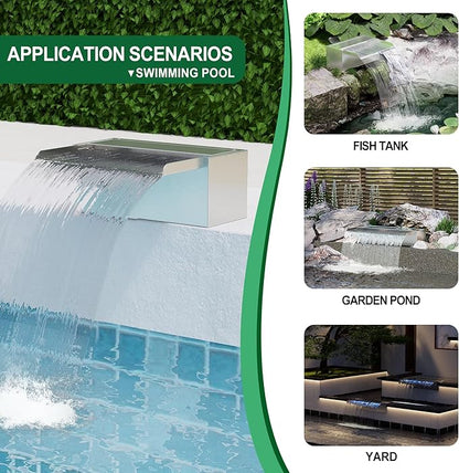 Waterfall Pool Fountain LONGRUNNEW 304 Stainless Steel 9.06" Rectangular Waterfall Spillway, Water Fall Fountain with Pipe Connector for Garden Outdoor, Swimming Pools, Fountains, Pond and Spa