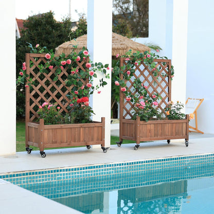 2 Pcs Wooden Planter Boxes with Trellis: Four Universal Wheels for Easy Mobility, 37.6" H x 27.5" W x 13" D,Perfect for Outdoor Climbing Plants on Patios, Balconies & Gardens