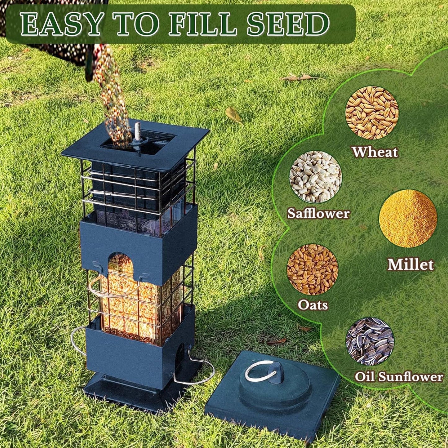 Squirrel Proof Bird Feeder, Metal Bird Feeders for Outdoors, 3Lbs Birdfeeder Outside Hanging, Weight Activated Spring, 4 Feeding Ports, Cardinals, Finches & Sparrows, Wild Birds (Blue)