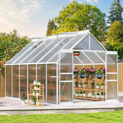 DWVO 8x12FT Polycarbonate Greenhouse Heavy Duty Green Houses Outdoor Aluminum Greenhouses with Sliding Doors Vent Window Walk-in Greenhouse Large Sun House for Garden Backyard, Matte Sliver