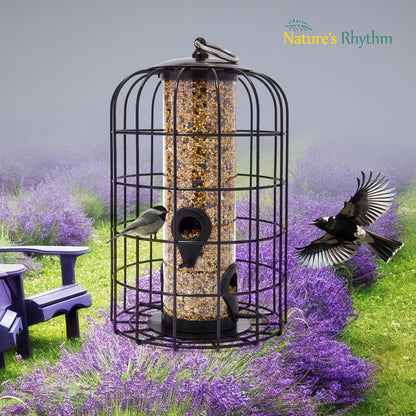 Nature's Rhythm Outdoor Hanging Bird Feeder Cage PC Tube Squirrel Proof Wild Bird Feeder with Large Metal Seed Guard Deterrent Green