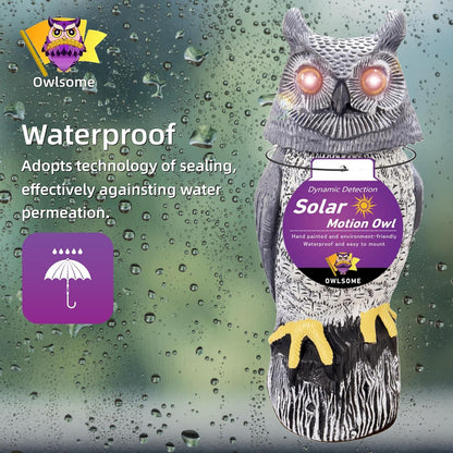 Owlsome Solar Owl with Colored Flashing Eyes, Rotating Head, Hoot Sound, Motion Detector and Silent Mode, Plastic Owl Garden Sculpture, Garden Decoration