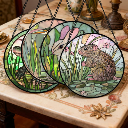 Stained Glass Window Hanging 4 Pcs Set Cute Animal 9.8"- Green Plant Pink Suncatcher Door Garden Sun Catcher Decor Birthday Christmas for Mom Woman Nana Men Friend