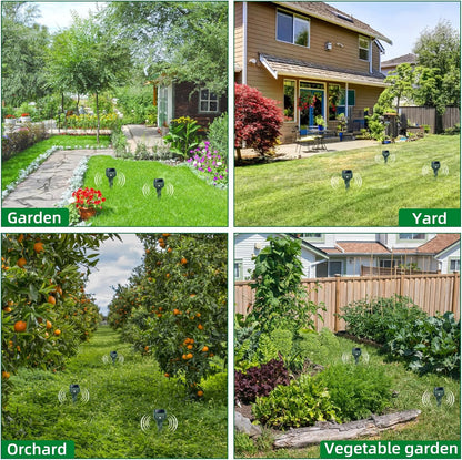 Mole Repellent Solar Powered, 4 Pack Snake & Skunk Repellent for Yard, IP 65 Waterproof Ultrasonic Deterrent Stakes, Get Rid for Rabbit, Gopher, Vole, Chipmunk, Deer, Groundhog for Lawns Garden