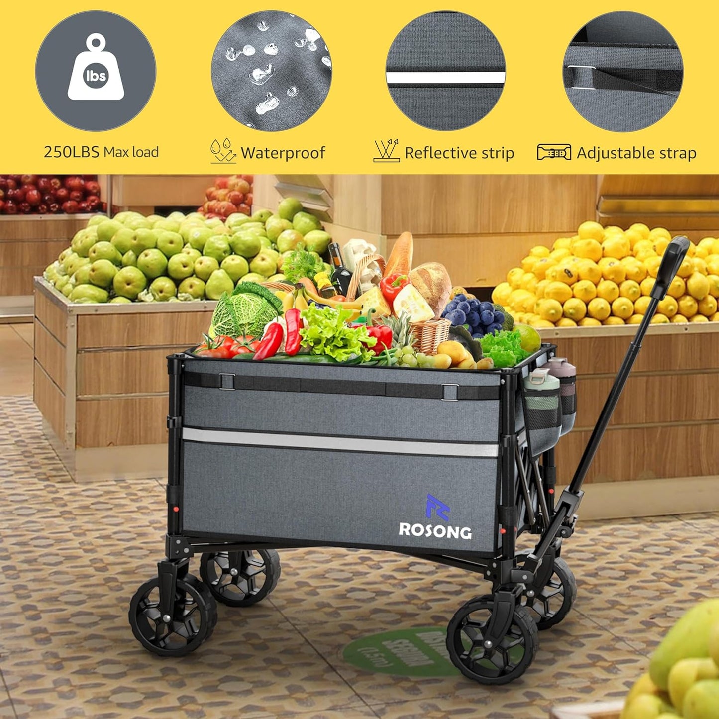 Collapsible Wagon Cart with Wheels Foldable - Folding Utility Heavy Duty Wagons Carts for Grocery Sports Garden Shopping Camping Wheelbarrows (Gray, 120L)
