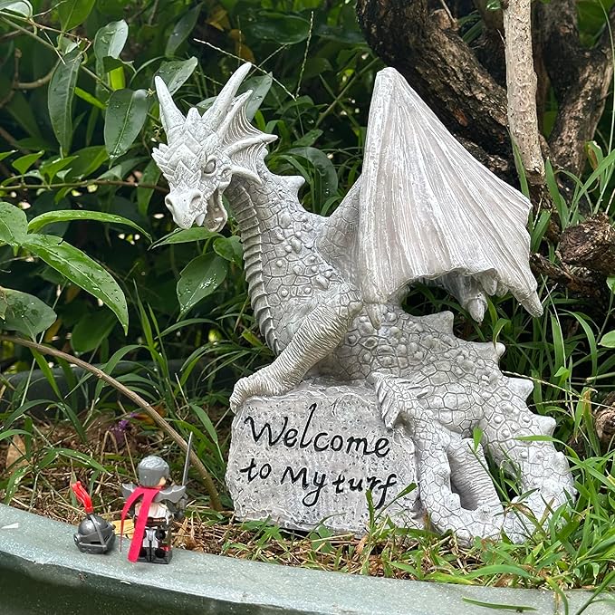 Garden Large Dragon Statue Solar Powered Outdoor Figurine Light The Dragonfire Welcome to My Turf Sign Big Resin Sculpture Home Decoration Housewarming Ornament Unique Gift