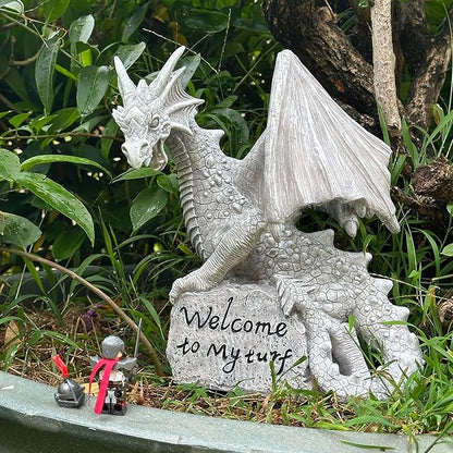 Garden Large Dragon Statue Solar Powered Outdoor Figurine Light The Dragonfire Welcome to My Turf Sign Big Resin Sculpture Home Decoration Housewarming Ornament Unique Gift