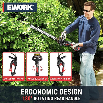 EWORK 20V 22-Inch Electric Hedge Trimmer Cordless 5/8" Cutting Capacity, Lightweight 4.3 Lbs, Battery Powered Bush Trimmer, Handheld Shrub Trimmers with Battery and Charger for Garden, Yard
