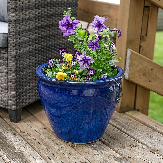 Sunnydaze Large Ceramic Plant Pot - Round Outdoor Glazed Ceramic Planter Pot with Drainage - Studio - Imperial Blue - 18.5"