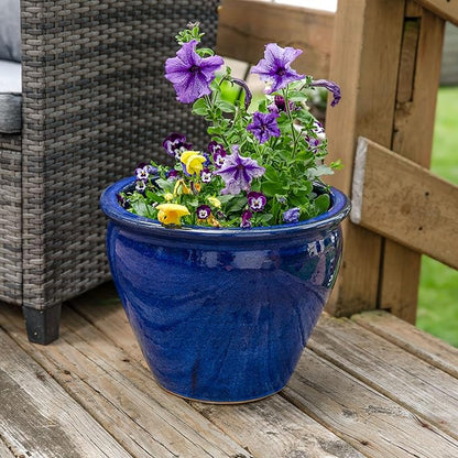Sunnydaze Large Ceramic Plant Pot - Round Outdoor Glazed Ceramic Planter Pot with Drainage - Studio - Imperial Blue - 18.5"