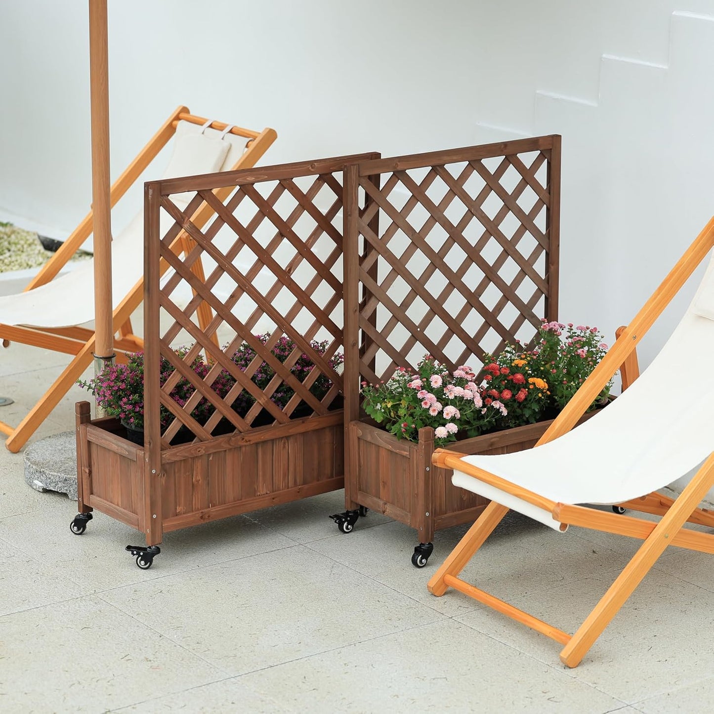 2 Pcs Wooden Planter Boxes with Trellis: Four Universal Wheels for Easy Mobility, 37.6" H x 27.5" W x 13" D,Perfect for Outdoor Climbing Plants on Patios, Balconies & Gardens