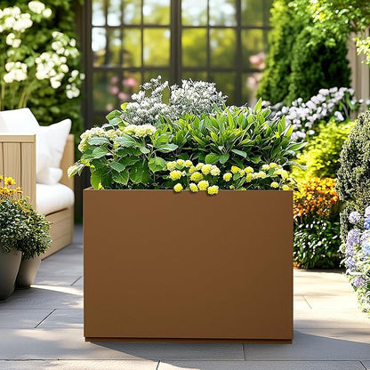 Large Rectangle Planter Metal Brown Planter Box with a Drainage Hole and a Removable Divider Indoor Outdoor Porch Pots for Tall Plants, Trees, Flowers 35.43" x 9.06" x 25.59" Brown