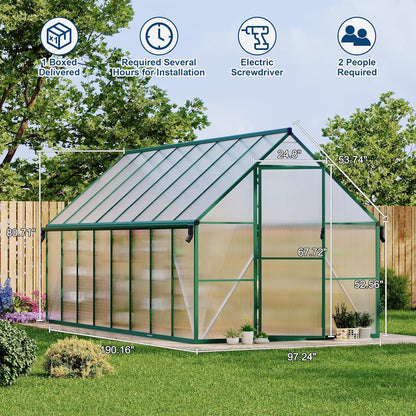 8'X16' Aluminum-Framed Polycarbonate Greenhouse, Heavy Duty Polycarbonate Greenhouse with Quick Setup Structure and Roof Vent, Large Enhanced Aluminum Greenhouses Kit for Outdoors