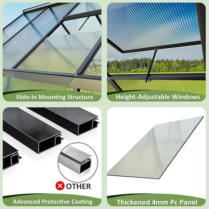 4x6 FT Quick Setup Polycarbonate Greenhouse with Roof Vent, Large Aluminum Walk-in Green House for Outdoor Garden Backyard, Black