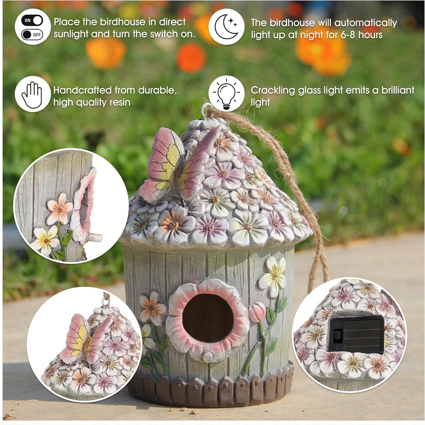 Hanging Bird House for Outdoor with Solar Light, Nesting Box Garden Resin Decor, Pet Cottage Birdhouse with Pole Decoration for Small Hummingbird Blue Bird Sparrow Chickadee