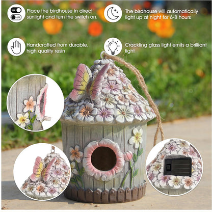 Hanging Bird House for Outdoor with Solar Light, Nesting Box Garden Resin Decor, Pet Cottage Birdhouse with Pole Decoration for Small Hummingbird Blue Bird Sparrow Chickadee