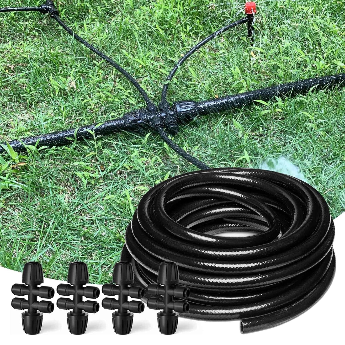 50FT 1/2 Inch Drip Irrigation Tubing with 4 Pack 1/2" to 1/4" Drip Irrigation Fittings, Drip Line Hose & Push-to-Fit 6 Way Splitter Connectors,for Drip Irrigation Parts, Drip Irrigation System