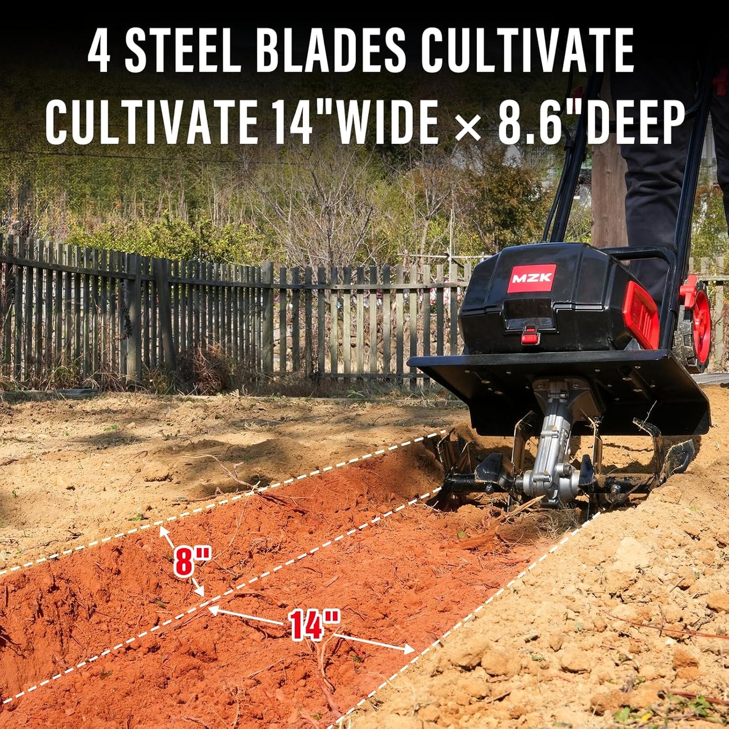 MZK 40V 12-inch Cordless Garden Tiller, 12In Width and 8.6In Depth Garden Rototiller,Battery Powered Garden Cultivator for Lawn/Gardening/Soil Cultivation(2 * 4.0Ah Battery&Charger Included),TC12D02