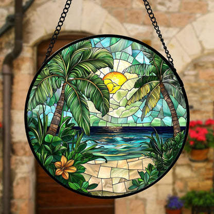 Stained Glass Window Hanging, Green Beach Scenery Suncatcher Diamond Glass Panel Hangings Sun Catchers Decor for Birthday for Women, Men, Wife, Aunt, and Mom 9.8 in