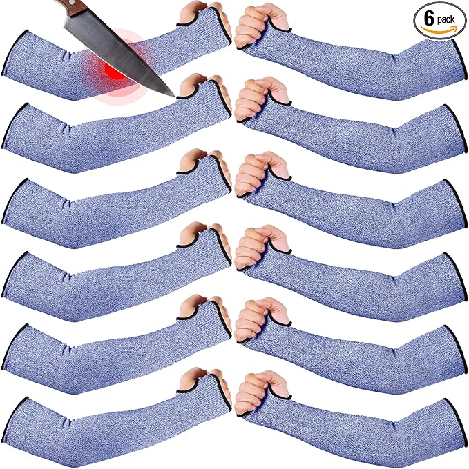 JaGely 6 Pairs Level 5 Cut Resistant Sleeves with Thumb Hole 18 Inches Arm Protection Sleeve Farmer Gardening (Blue)