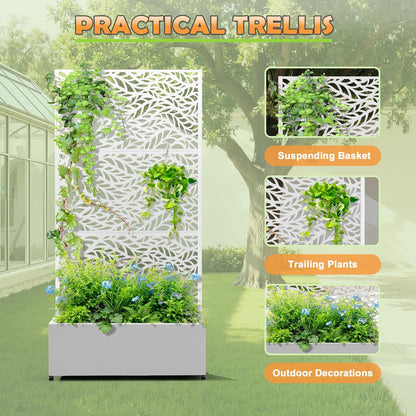 Metal Raised Garden Bed with Trellis, 2-in-1 Planter Box & Privacy Screen for Climbing Plants, Outdoor Standing Flower Bed with Drainage Holes, 35.4" L x 15.7" W x 70.1" H, White-Spring