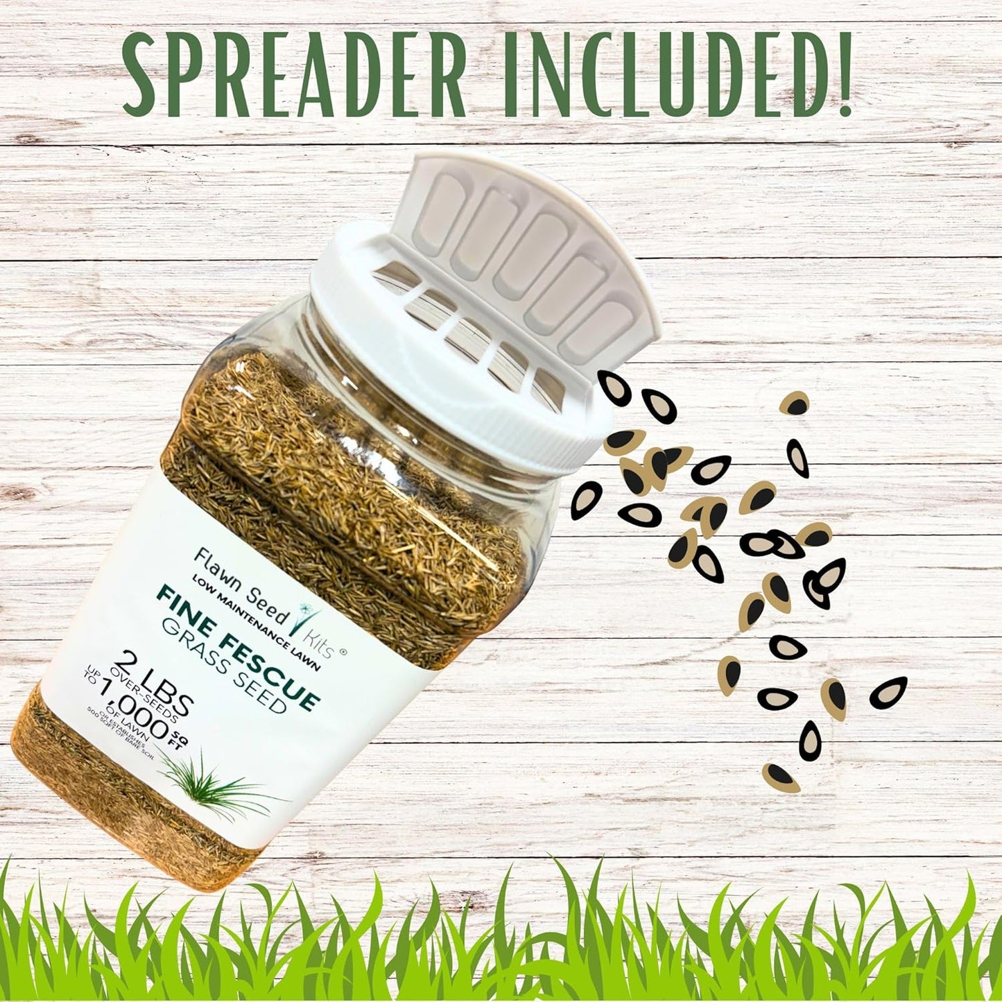 Flawn Seed Kits Mow Less Fine Fescue Grass Seed, Low Maintenance Lawn, Shake to Spread, 2 Lbs Covers up to 1000 Sqft