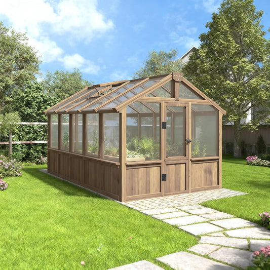 Greenhouse for Outdoor, 6x8ft-8x12ft Wooden WAK-in Greenhouse Kitwith 6MM Thick Polycarbonate Panel, Lockable Door & Adjustable Roof Vent ，Backyard Garden ﻿ (Light Mocha Brown, 8*10FT)