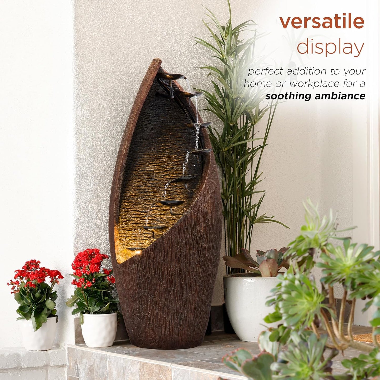 Alpine Corporation GIL122 43" Outdoor Floor Contemporary Tiered Bronze Metal Water Fountain with LED Lights, Stylish Outdoor Water Feature for Garden and Patio Décor, Brown