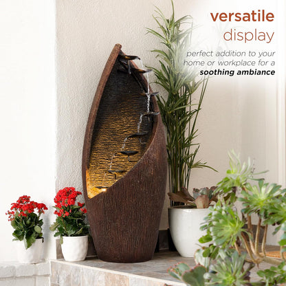 Alpine Corporation GIL122 43" Outdoor Floor Contemporary Tiered Bronze Metal Water Fountain with LED Lights, Stylish Outdoor Water Feature for Garden and Patio Décor, Brown