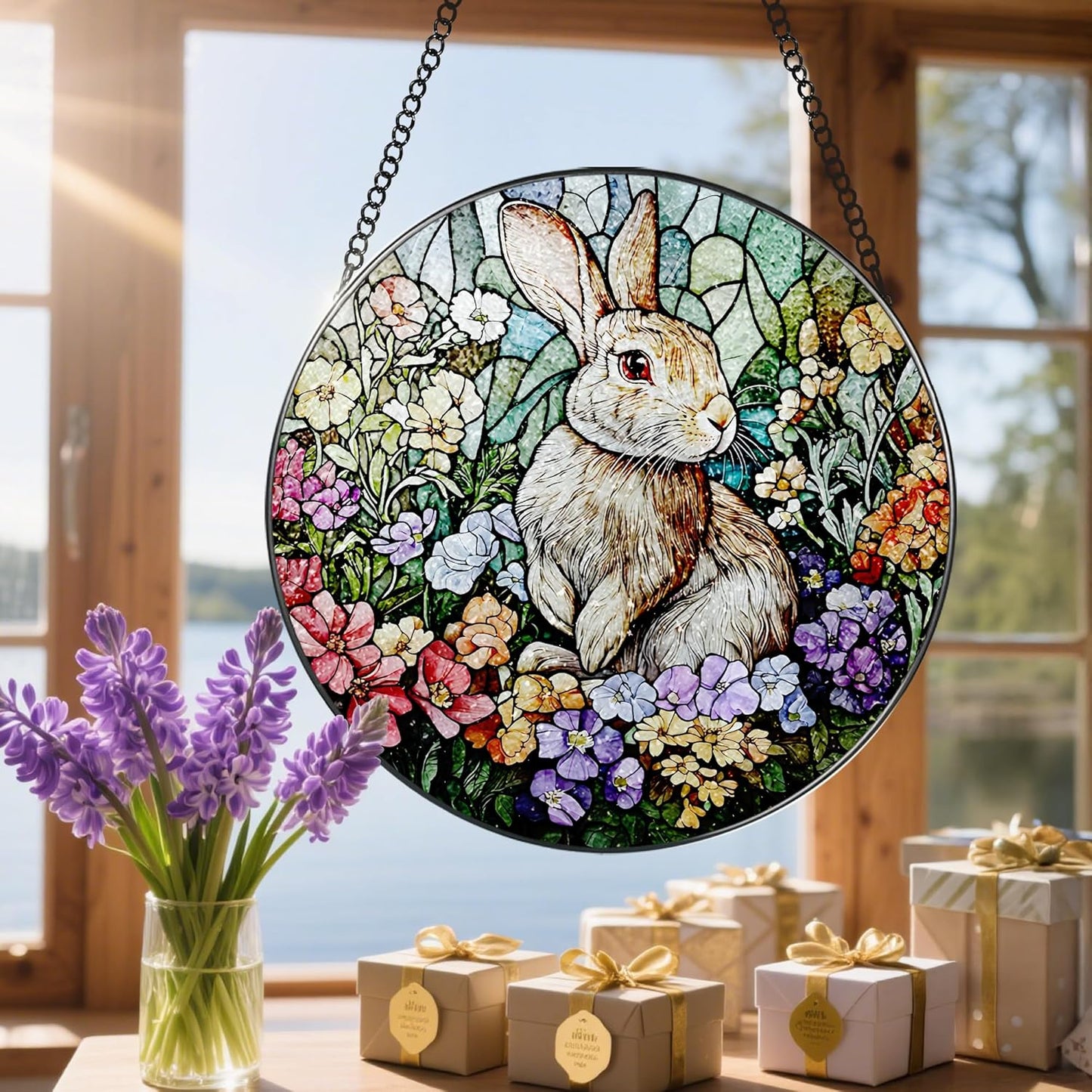 Stained Glass Window Hanging, 8 Inch Rabbit Sun Catcher, Bunny Stained Glass Suncatcher, Window Decor, Gifts for Mothers Day, Birthday, Christmas, Rabbit Lovers Gifts, Gift for Women Mom and Friend