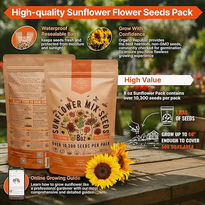 Sunflower Mix Seeds Pack 8 oz - Over 10,300 Non-GMO Heirloom Sunflower Seeds for Planting, Annual Flowers in Individual Seed Packet for Planting Home Garden Indoor & Outdoor Gardening