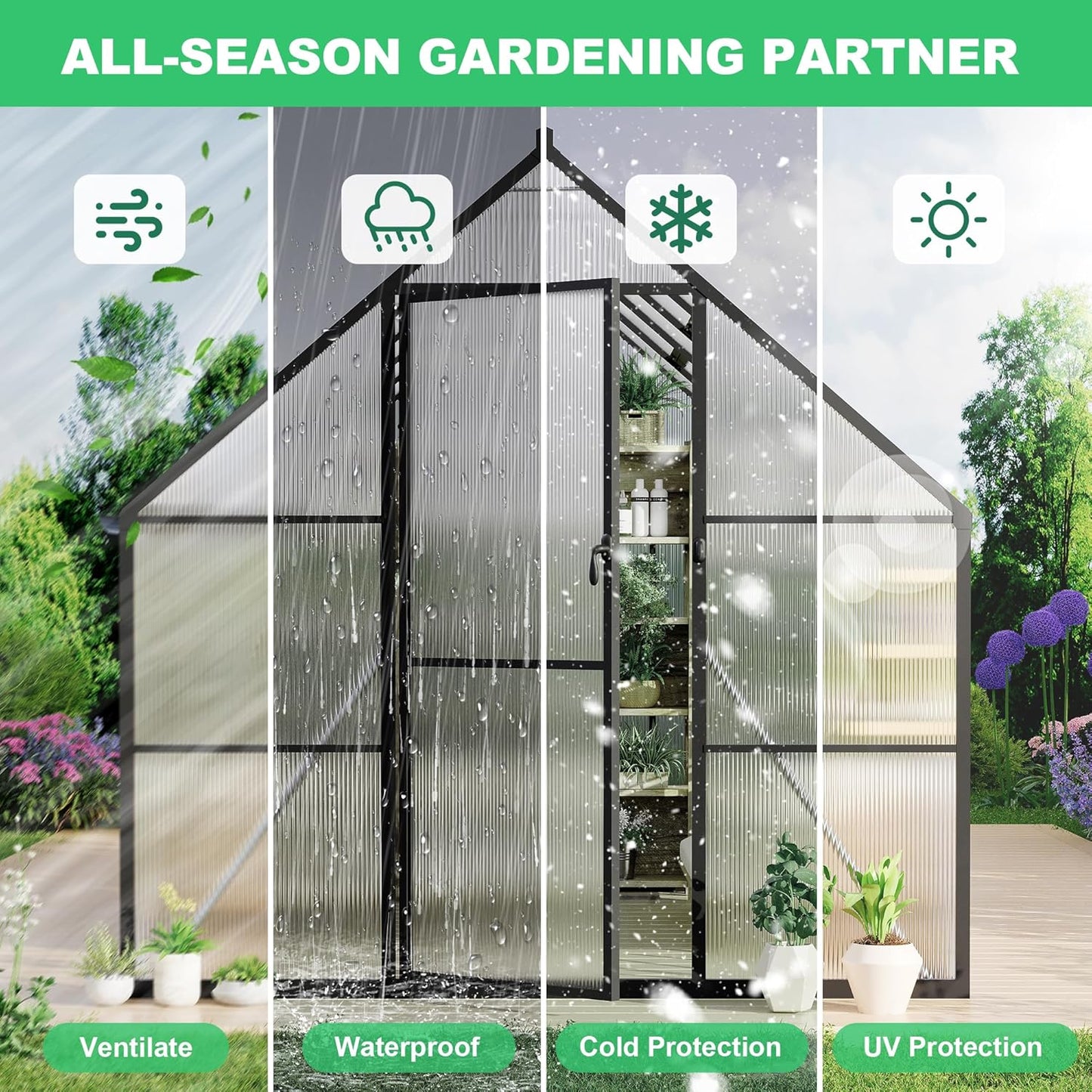 8'x16' Aluminum-Framed Polycarbonate Greenhouse, Heavy Duty Polycarbonate Greenhouse with Quick Setup Structure and Roof Vent, Large Enhanced Aluminum GreenhouseKit for Outdoors