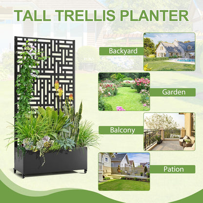 Raised Garden Bed with Trellis and Wheels,73"x35"x16" Metal Raised Garden Bed,Black Modern Metal Planter with Climbing Trellis for Vines & Vegetables