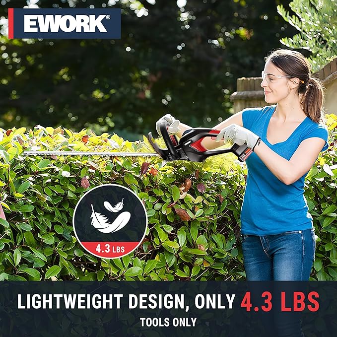 EWORK 20V 22-Inch Electric Hedge Trimmer Cordless 5/8" Cutting Capacity, Lightweight 4.3 Lbs, Battery Powered Bush Trimmer, Handheld Shrub Trimmers with Battery and Charger for Garden, Yard